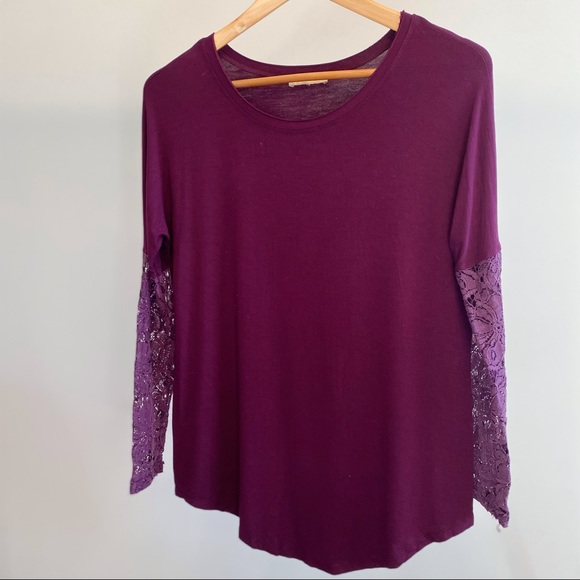 Anthropologie Bordeaux Brand Lace Inset Long Sleeve Top - Picture 1 of 7